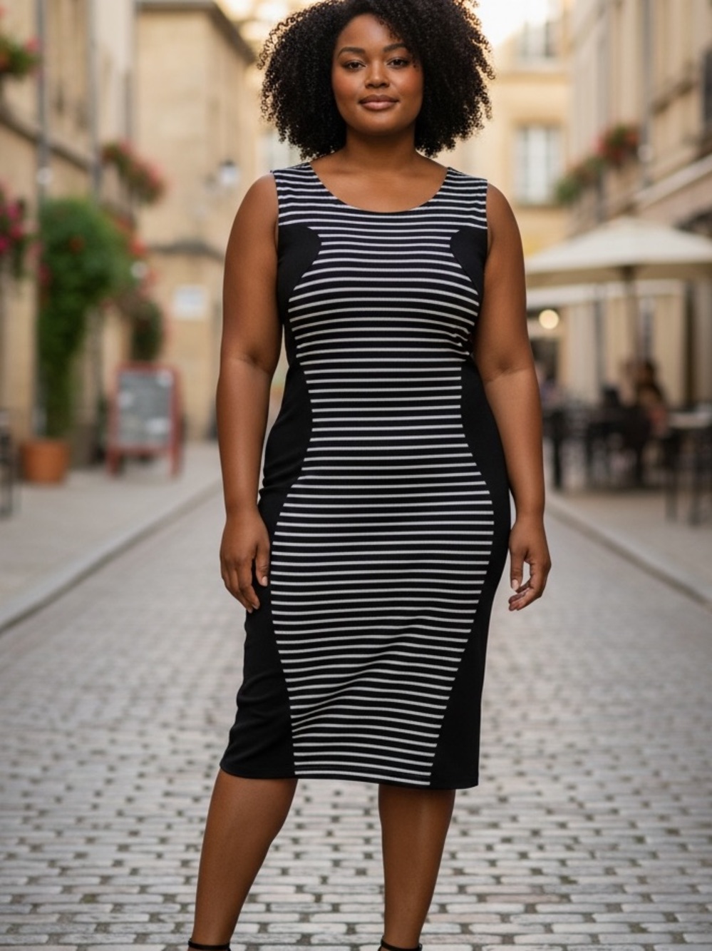 Black & White Striped Midi Sheath Dress